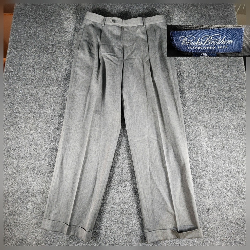 Brooks Brothers Dress Pants Mens 33x29 Gray Wool Straight Leg Cuffed Regular Fit
